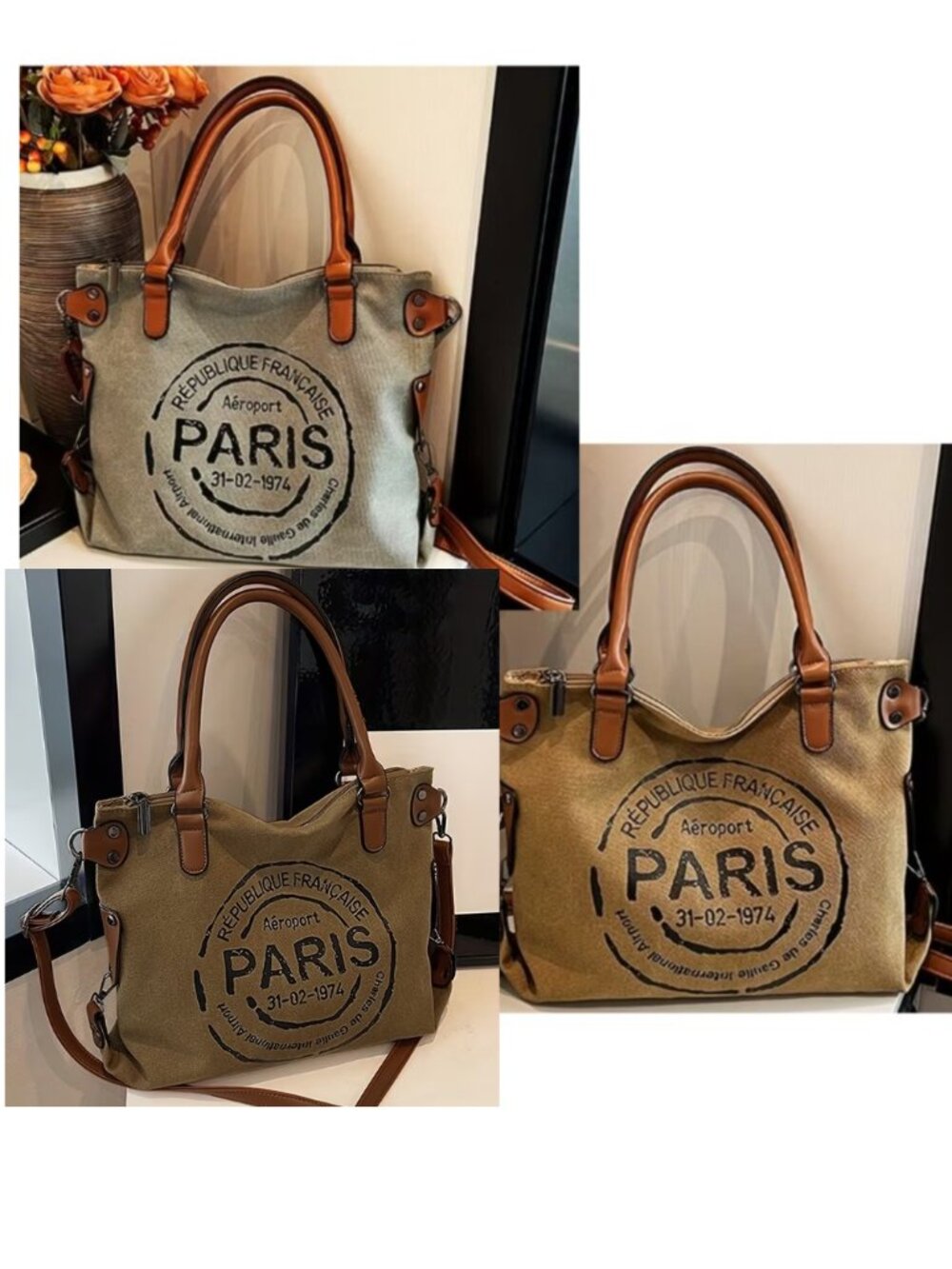 NWT-Vintage Paris Airport Canvas Tote Bag Retro Travel Crossbody Shoulder Bag